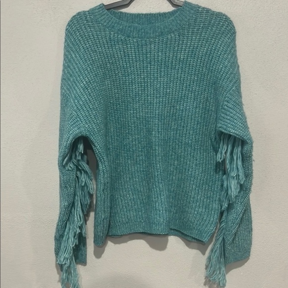 Witty Fox Teal Knit Sweater with Fringe Details